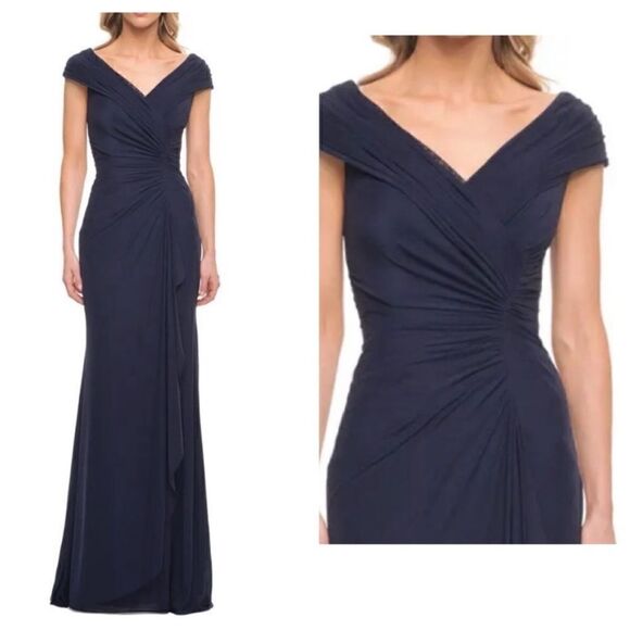 La Femme 29996 Navy Blue V-Neck Jersey Gown- Size 6 - Picture 1 of 10